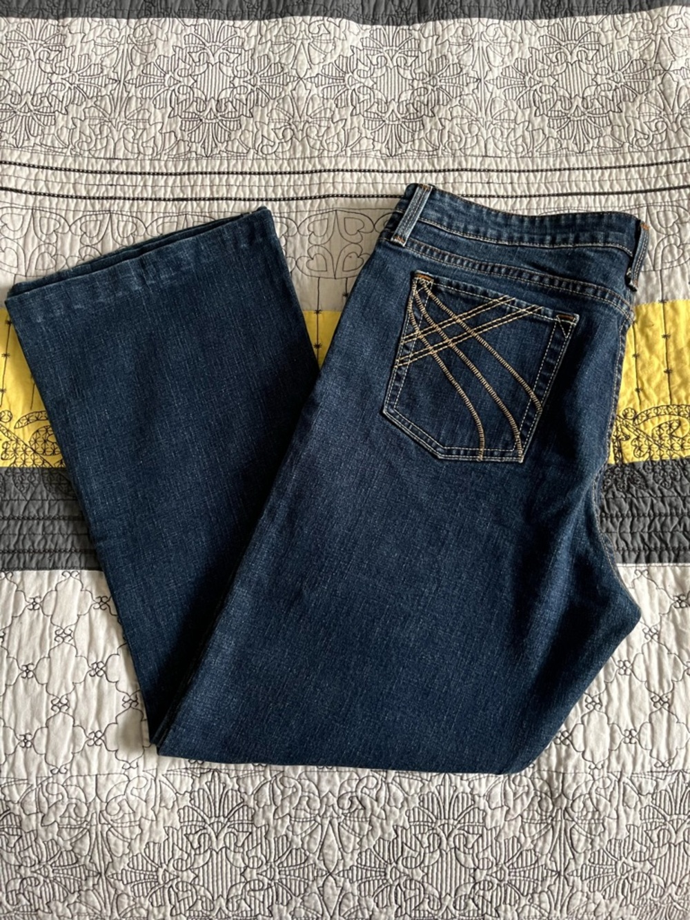Levi's Dark Blue Jeans with Tan Contrast Stitching Wide Leg - altered length